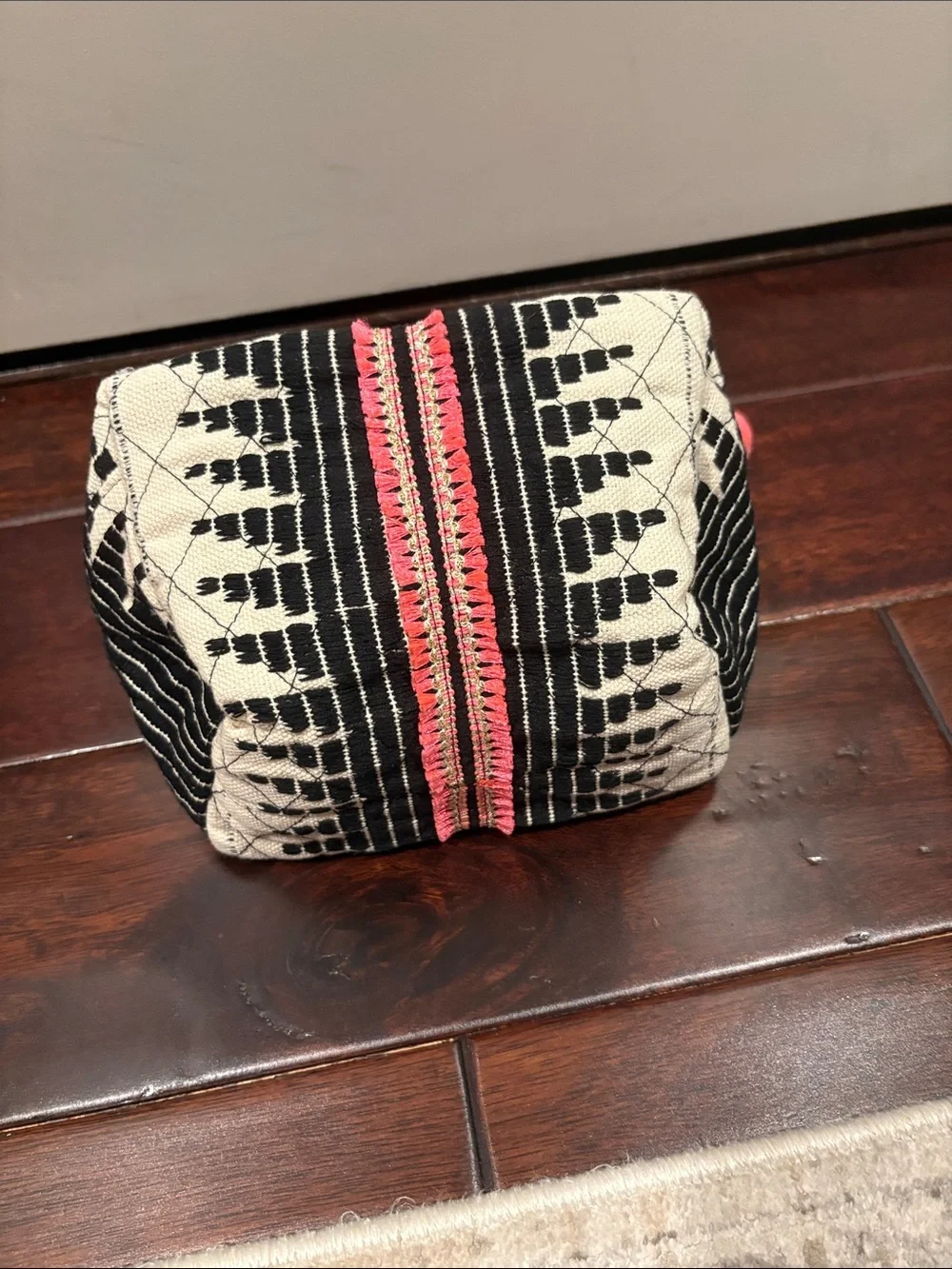 Black & Cream Patterned Cosmetic Bag with Pink Trim